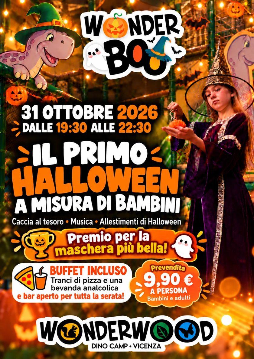 Locandina di WONDERBOO al Wonderwood Dino Camp di Vicenza: 31 ottobre 2026, dalle 19:30 alle 22:30.